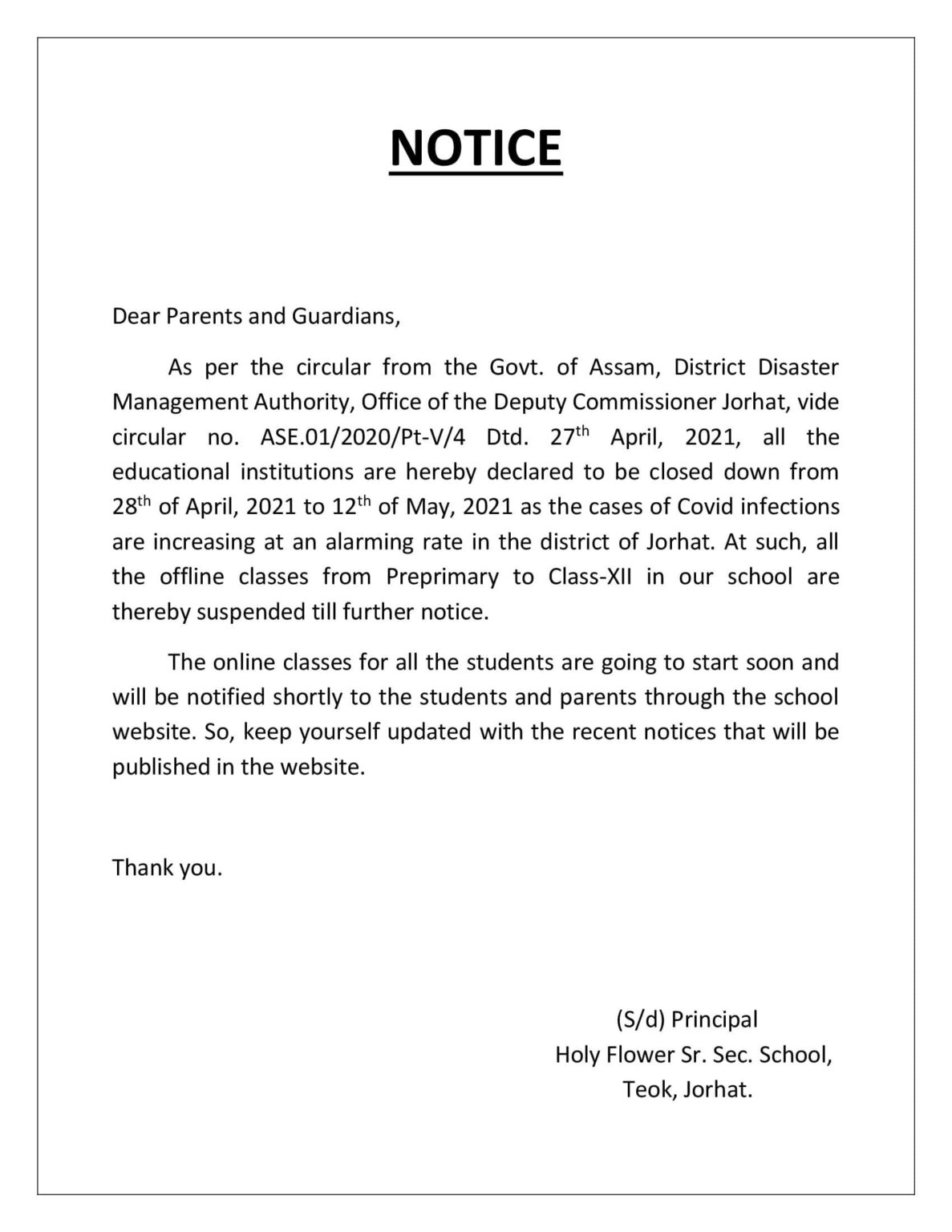 SUSPENSION OF ALL OFFLINE CLASSES FROM 28/04/2021